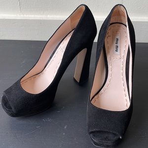Miu Miu Black Suede Platform Open Toe Pumps Size 38